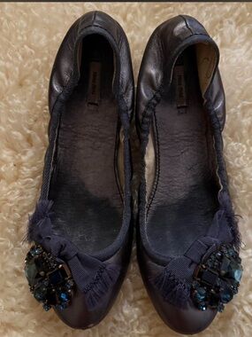 Miu Miu Navy Leather Ballet Flats with Blue Crystal Embellishment